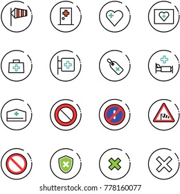 line vector icon set - side wind vector, first aid room, heart, kit, doctor bag, medical label, hospital bed, hat, prohibition road sign, no parkin odd, shield cross, delete
