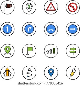 line vector icon set - side wind vector, dollar pin, turn right road sign, no left, only forward, detour, map, flag, arrows up, signpost, trip, navigation, wrench