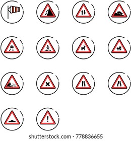 line vector icon set - side wind vector, landslide road sign, oncoming traffic, steep descent, slippery, pedestrian, wild animals, railway intersection, gravel, narrows, artificial unevenness