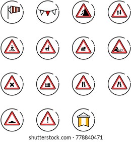 line vector icon set - side wind vector, flag garland, landslide road sign, oncoming traffic, pedestrian, wild animals, railway intersection, gravel, narrows, artificial unevenness, attention