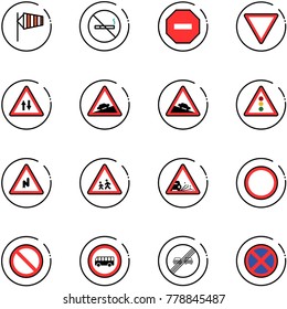 line vector icon set - side wind vector, no smoking sign, way road, giving, oncoming traffic, climb, steep descent, light, abrupt turn right, children, gravel, prohibition, bus, end overtake limit