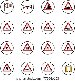 line vector icon set - side wind vector, flag garland, landslide road sign, steep descent, pedestrian, wild animals, railway intersection, gravel, narrows, artificial unevenness, attention, pennant