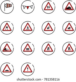 line vector icon set - side wind vector, flag garland, oncoming traffic road sign, steep descent, slippery, pedestrian, wild animals, railway intersection, gravel, narrows, artificial unevenness