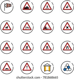 line vector icon set - side wind vector, steep descent road sign, pedestrian, wild animals, railway intersection, gravel, narrows, artificial unevenness, attention, pennant, billiards balls