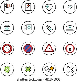 line vector icon set - side wind vector, first aid room, heart, kit, doctor bag, medical label, hat, prohibition road sign, no parkin odd, pedestrian, shield cross, delete, flags