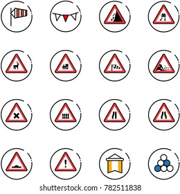 line vector icon set - side wind vector, flag garland, landslide road sign, slippery, wild animals, railway intersection, gravel, narrows, artificial unevenness, attention, pennant, billiards balls