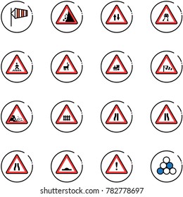 line vector icon set - side wind vector, landslide road sign, oncoming traffic, slippery, pedestrian, wild animals, railway intersection, gravel, narrows, artificial unevenness, attention