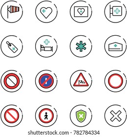 line vector icon set - side wind vector, heart, first aid kit, room, medical label, hospital bed, ambulance star, doctor hat, prohibition road sign, no parkin odd, pedestrian, shield cross, delete