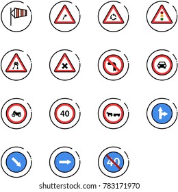 line vector icon set - side wind vector, turn right road sign, round motion, traffic light, slippery, railway intersection, no left, car, moto, speed limit 40, cart horse, only forward, detour