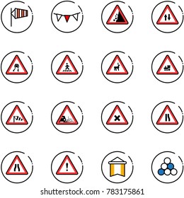 line vector icon set - side wind vector, flag garland, landslide road sign, oncoming traffic, slippery, pedestrian, wild animals, railway intersection, gravel, narrows, attention, pennant