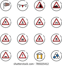 line vector icon set - side wind vector, flag garland, landslide road sign, steep descent, slippery, pedestrian, railway intersection, narrows, artificial unevenness, attention, pennant
