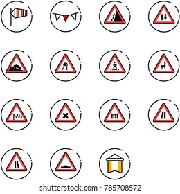 line vector icon set - side wind vector, flag garland, landslide road sign, oncoming traffic, steep descent, slippery, pedestrian, wild animals, railway intersection, narrows, artificial unevenness