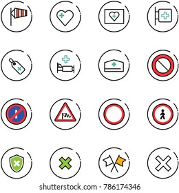 line vector icon set - side wind vector, heart, first aid kit, room, medical label, hospital bed, doctor hat, prohibition road sign, no parkin odd, pedestrian, shield cross, delete, flags