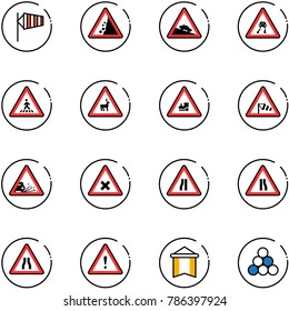 line vector icon set - side wind vector, landslide road sign, steep descent, slippery, pedestrian, wild animals, railway intersection, gravel, narrows, attention, pennant, billiards balls