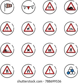 line vector icon set - side wind vector, flag garland, oncoming traffic road sign, steep descent, slippery, wild animals, railway intersection, gravel, narrows, attention, billiards balls