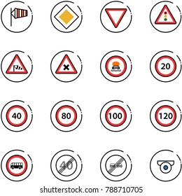 line vector icon set - side wind vector, main road sign, giving way, traffic light, railway intersection, no dangerous cargo, speed limit 20, 40, 80, 100, 120, bus, end, overtake