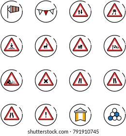 line vector icon set - side wind vector, flag garland, oncoming traffic road sign, slippery, pedestrian, wild animals, railway intersection, gravel, narrows, attention, pennant, billiards balls