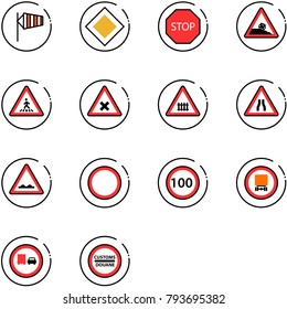 line vector icon set - side wind vector, main road sign, stop, steep roadside, pedestrian, railway intersection, narrows, rough, prohibition, speed limit 100, no dangerous cargo, truck overtake