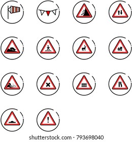 line vector icon set - side wind vector, flag garland, landslide road sign, oncoming traffic, steep descent, pedestrian, wild animals, railway intersection, gravel, narrows, artificial unevenness