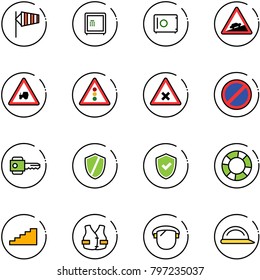 line vector icon set - side wind vector, safe, climb road sign, tractor way, traffic light, railway intersection, no parking, key, shield, check, lifebuoy, stairs, life vest, protect glass