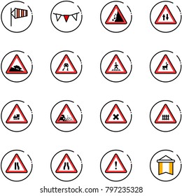 line vector icon set - side wind vector, flag garland, landslide road sign, oncoming traffic, steep descent, slippery, pedestrian, wild animals, railway intersection, gravel, narrows, attention