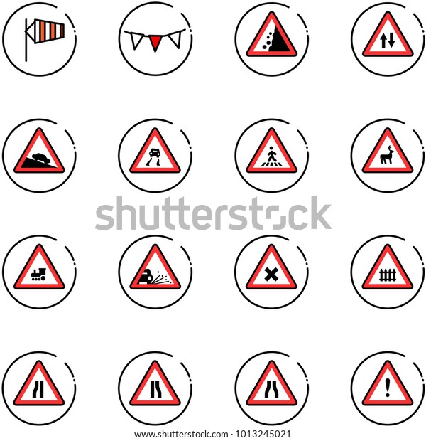 line vector icon set - side wind vector, flag\
garland, landslide road sign, oncoming traffic, steep descent,\
slippery, pedestrian, wild animals, railway intersection, gravel,\
narrows, attention