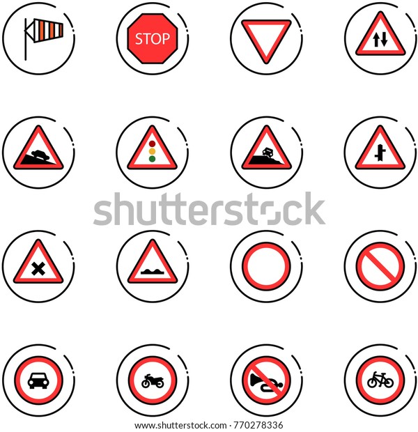 line vector icon set - side wind vector, stop road
sign, giving way, oncoming traffic, steep descent, light, roadside,
intersection, railway, rough, prohibition, no car, moto, horn,
bike