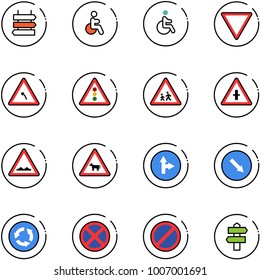 line vector icon set - sign post vector, disabled, giving way road, turn left, traffic light, children, intersection, rough, cow, only forward right, detour, circle, no stop, parking, signpost