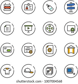 line vector icon set - sign post vector, identity, medical label, road signpost, document, presentation board, film coil, certificate, envelope, pennant, t shirt, cap, photo, monoblock pc