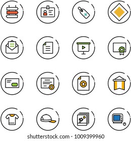 line vector icon set - sign post vector, identity, medical label, main road, opened mail, document, presentation board, certificate, envelope, pennant, t shirt, cap, photo, monoblock pc
