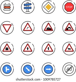 line vector icon set - sign post vector, road signpost, main, stop, giving way, turn right, climb, embankment, tunnel, intersection, cow, only forward, detour, end speed limit