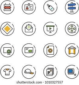 line vector icon set - sign post vector, identity, medical label, road signpost, main, opened mail, presentation board, film coil, certificate, envelope, pennant, t shirt, cap, photo, monoblock pc