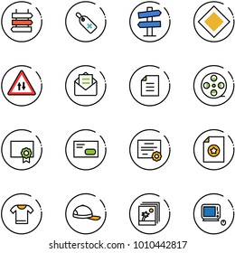 line vector icon set - sign post vector, medical label, road signpost, main, oncoming traffic, opened mail, document, film coil, certificate, envelope, t shirt, cap, photo, monoblock pc