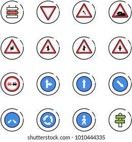 line vector icon set - sign post vector, giving way road, turn left, climb, abrupt right, intersection, no overtake, only forward, detour, circle, pedestrian, signpost