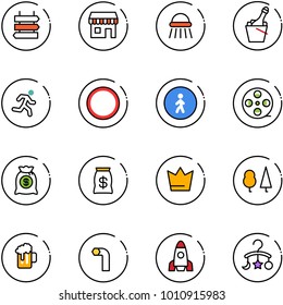 line vector icon set - sign post vector, duty free, shower, champagne, run, prohibition road, pedestrian way, film coil, money bag, crown, forest, beer, allen key, rocket, baby carousel