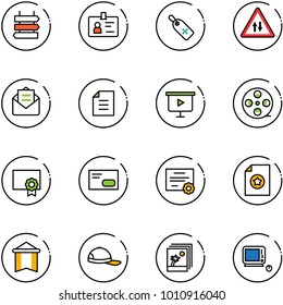 line vector icon set - sign post vector, identity, medical label, oncoming traffic road, opened mail, document, presentation board, film coil, certificate, envelope, pennant, cap, photo