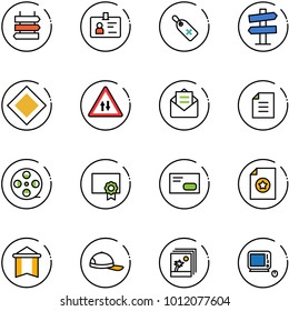 line vector icon set - sign post vector, identity, medical label, road signpost, main, oncoming traffic, opened mail, document, film coil, certificate, envelope, pennant, cap, photo, monoblock pc