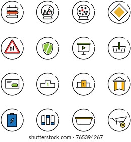 line vector icon set - sign post vector, snowball house, main road, oncoming traffic, shield, presentation board, basket, envelope, pedestal, pennant, battery, basin, wheelbarrow