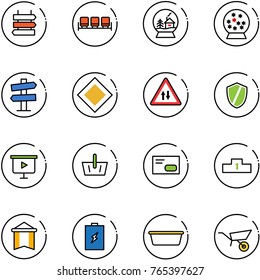 line vector icon set - sign post vector, waiting area, snowball house, road signpost, main, oncoming traffic, shield, presentation board, basket, envelope, pedestal, pennant, battery, basin