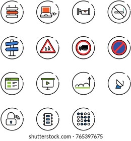 line vector icon set - sign post vector, netabook connect, hotel, no smoking, road signpost, children, truck, parking, website, presentation board, growth, satellite antenna, wireless lock, chip