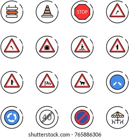line vector icon set - sign post vector, road cone, stop, turn right, left, tunnel, pedestrian, intersection, side wind, cow, detour, circle, end speed limit, no parking, outdoor cafe