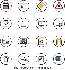 line vector icon set - sign post vector, identity, main road, oncoming traffic, opened mail, document, presentation board, certificate, envelope, pennant, t shirt, cap, photo, monoblock pc