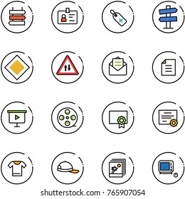 line vector icon set - sign post vector, identity, medical label, road signpost, main, oncoming traffic, opened mail, document, presentation board, film coil, certificate, t shirt, cap, photo
