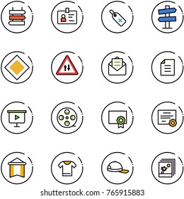 line vector icon set - sign post vector, identity, medical label, road signpost, main, oncoming traffic, opened mail, document, presentation board, film coil, certificate, pennant, t shirt, cap