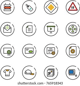 line vector icon set - sign post vector, medical label, main road, oncoming traffic, opened mail, document, presentation board, film coil, certificate, envelope, t shirt, cap, photo, monoblock pc