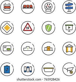 line vector icon set - sign post vector, waiting area, snowball, road signpost, main, oncoming traffic, shield, presentation board, envelope, pedestal, pennant, battery, basin, wheelbarrow