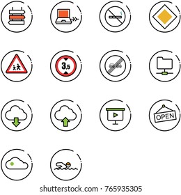 line vector icon set - sign post vector, netabook connect, no smoking, main road, children, limited height, end overtake limit, network folder, download cloud, upload, presentation board, open