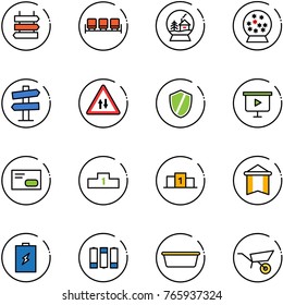 line vector icon set - sign post vector, waiting area, snowball house, road signpost, oncoming traffic, shield, presentation board, envelope, pedestal, pennant, battery, basin, wheelbarrow