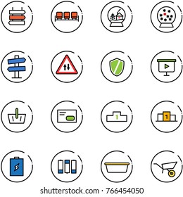 line vector icon set - sign post vector, waiting area, snowball house, road signpost, oncoming traffic, shield, presentation board, basket, envelope, pedestal, battery, basin, wheelbarrow