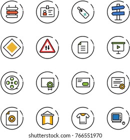 line vector icon set - sign post vector, identity, medical label, road signpost, main, oncoming traffic, document, presentation board, film coil, certificate, envelope, pennant, t shirt